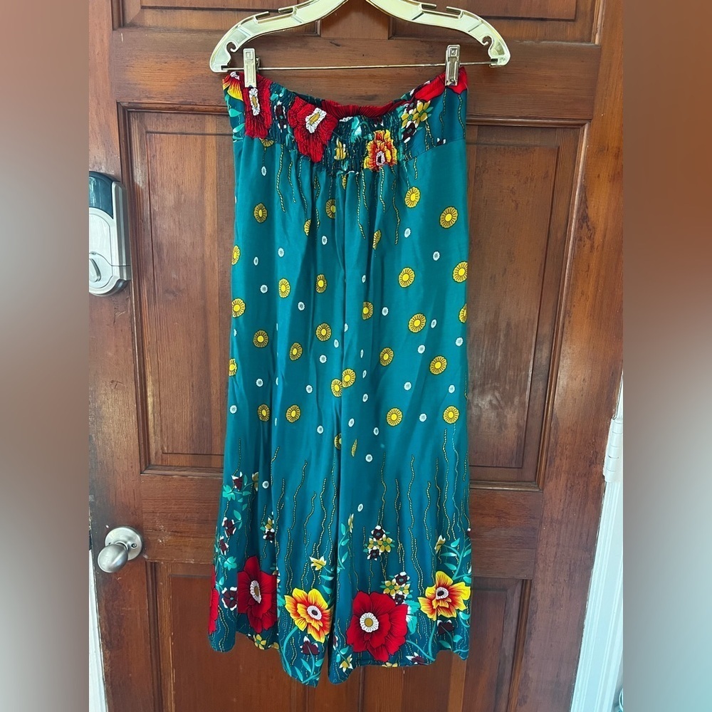 Boho Floral Wide Leg Pants Green | Elastic Waist Palazzo Beach Festival Size M - Picture 6 of 10